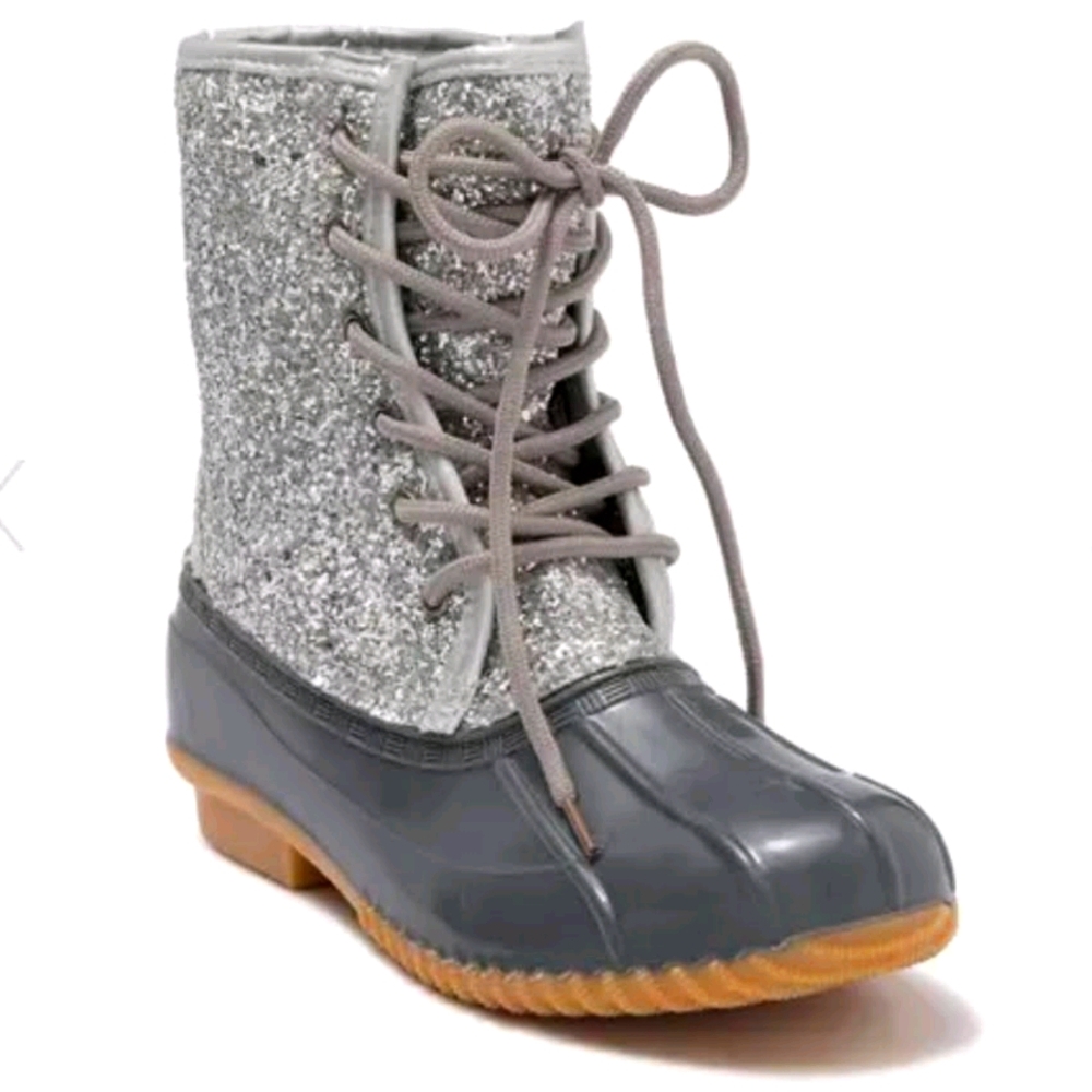 NIB Duck Silver Glitter Gray Rain Boots, by Sugar